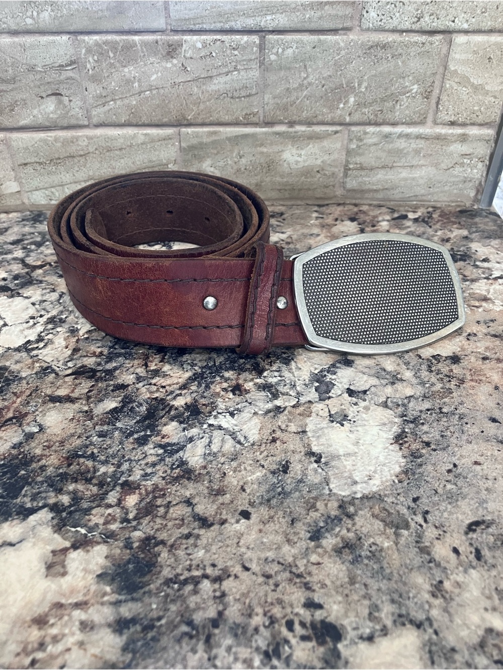 Men's Brown Leather Belt with Textured Silver Buckle